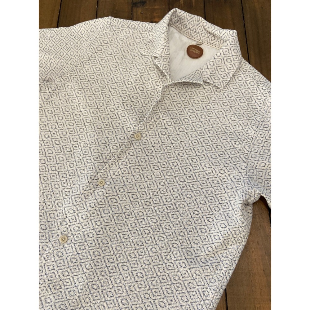 Common People Men's Shirt L Geometric Cream Blue Textured Cotton Button Up Large - Picture 2 of 6